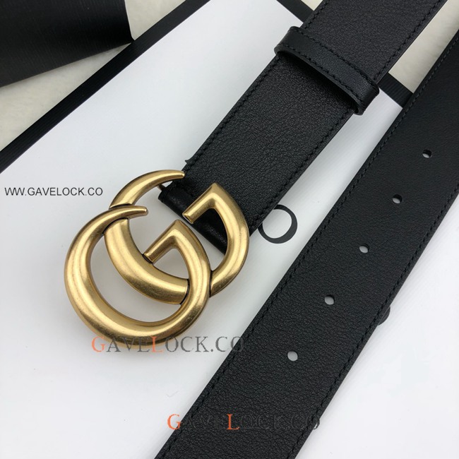 Gucci Black Leather Belt Retro Golden GG Buckle Size 40mm
